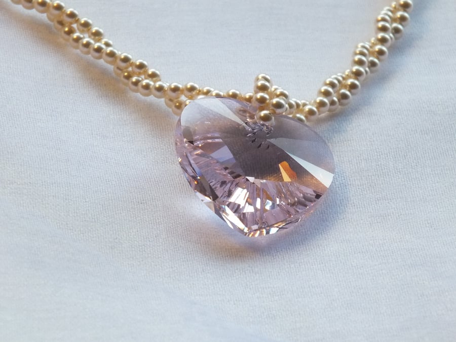 Pink Crystal Heart and Pearl Necklace