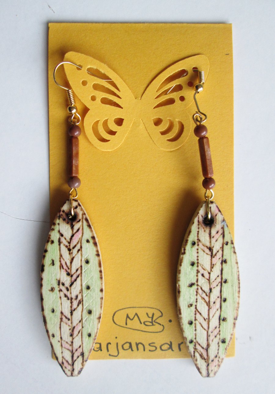 Pyrography wooden drop earrings. Original handmade 