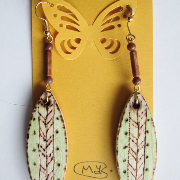 Pyrography wooden drop earrings. Original handmade 