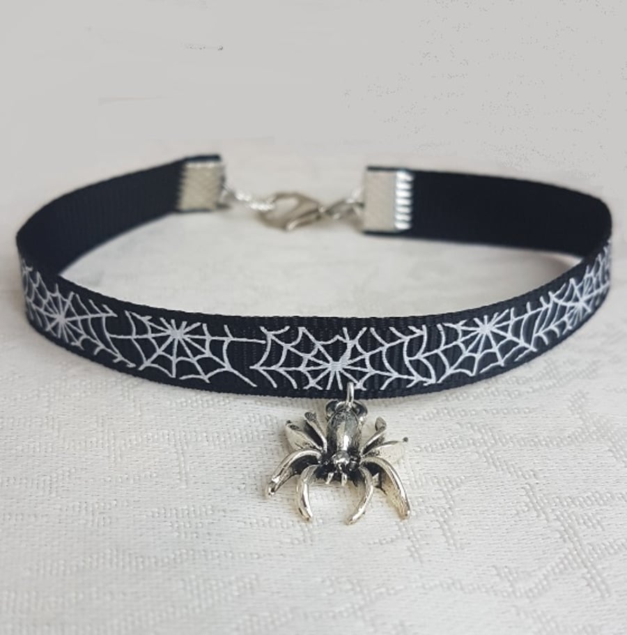 Spooky Spiderweb Ribbon Bracelet with Spider Charm - 7.5 inch