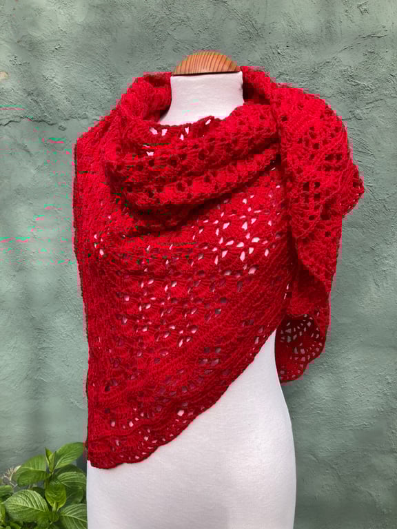 Love Red soft Merino Wool Triangle Handmade Lace Shawl Scarf Wrap
