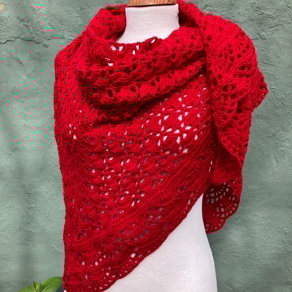 Love Red soft Merino Wool Triangle Handmade Lace Shawl Scarf Wrap