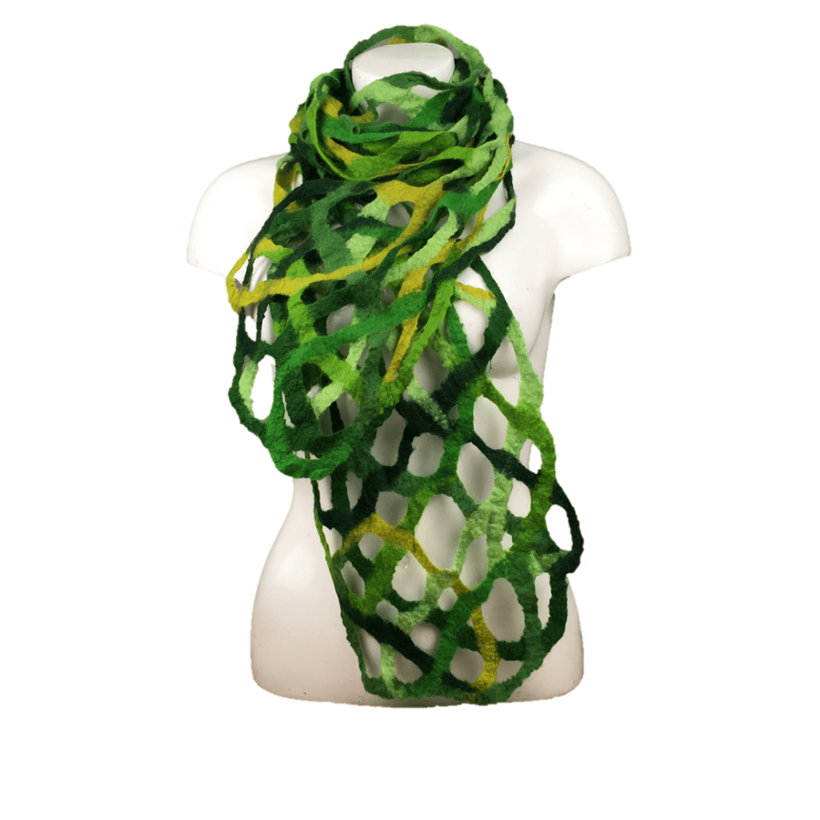 Random open lattice design felted scarf in shades of green merino wool