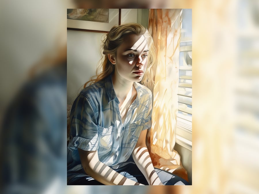 Study of Woman Looking Out of Window, Oil Painting Print, Thoughtful Decor 5x7