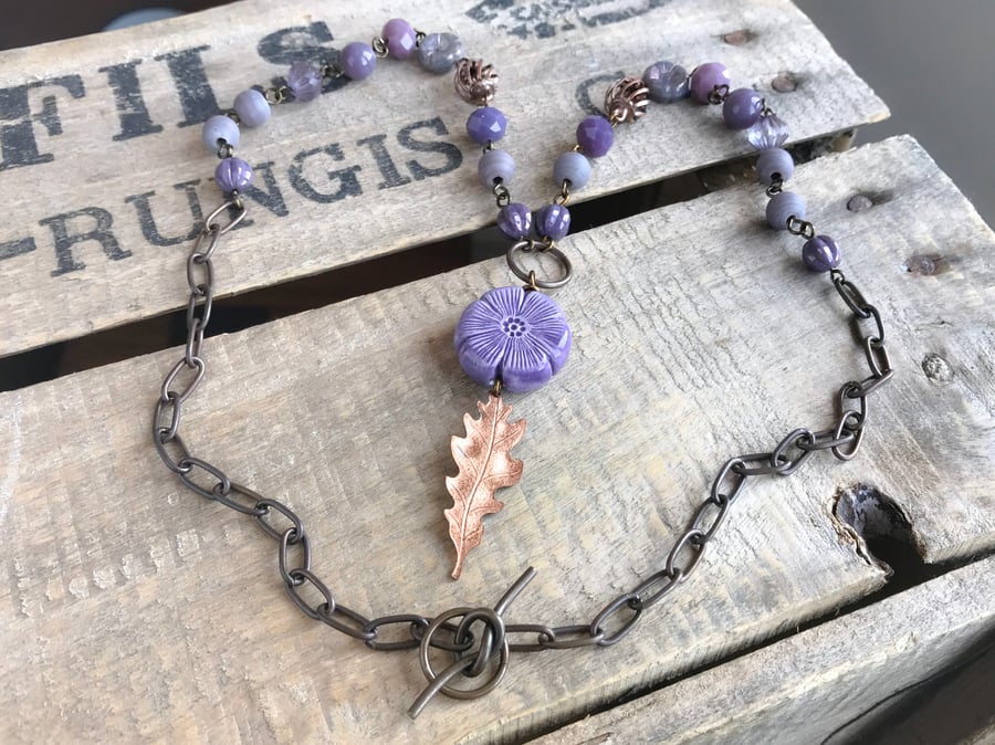 Rustic Copper Leaf Necklace. Purple Beaded Necklace. Unique Mixed Media Necklace