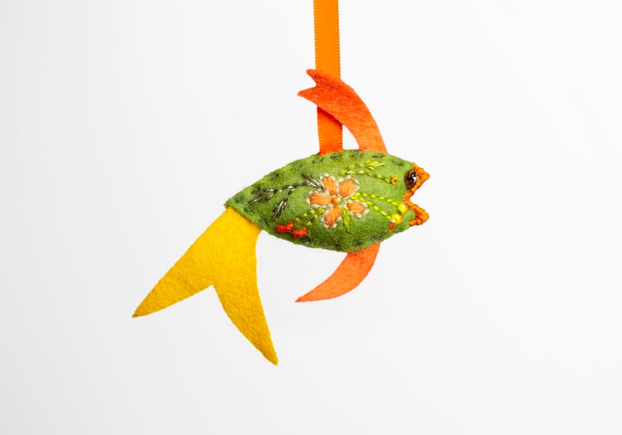 Green hand embroidered fish-shaped bag charm or keyring called Gilbert 