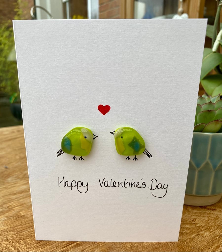 Fused glass lovebirds Valentines Day card