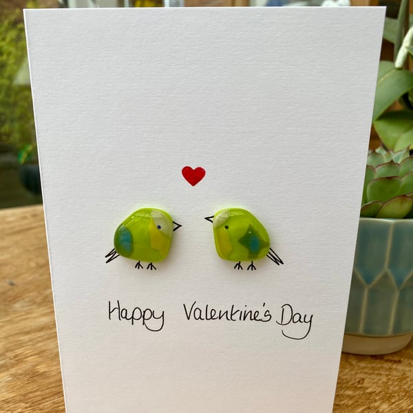 Fused glass lovebirds Valentines Day card