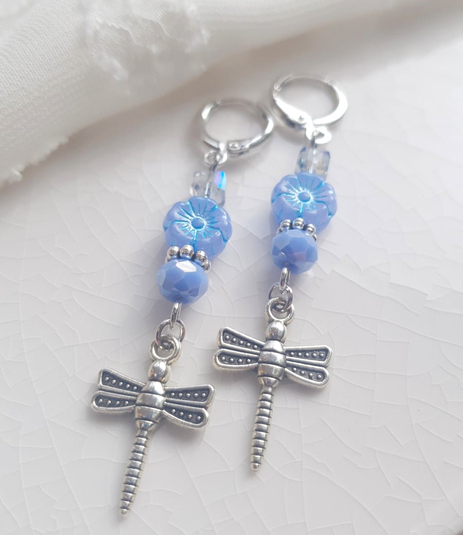 Opal Blue & Silver Flower & Dragonfly Czech Glass Sparkle Dangle Earrings