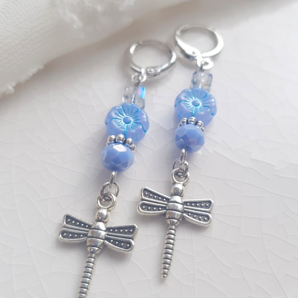 Opal Blue & Silver Flower & Dragonfly Czech Glass Sparkle Dangle Earrings