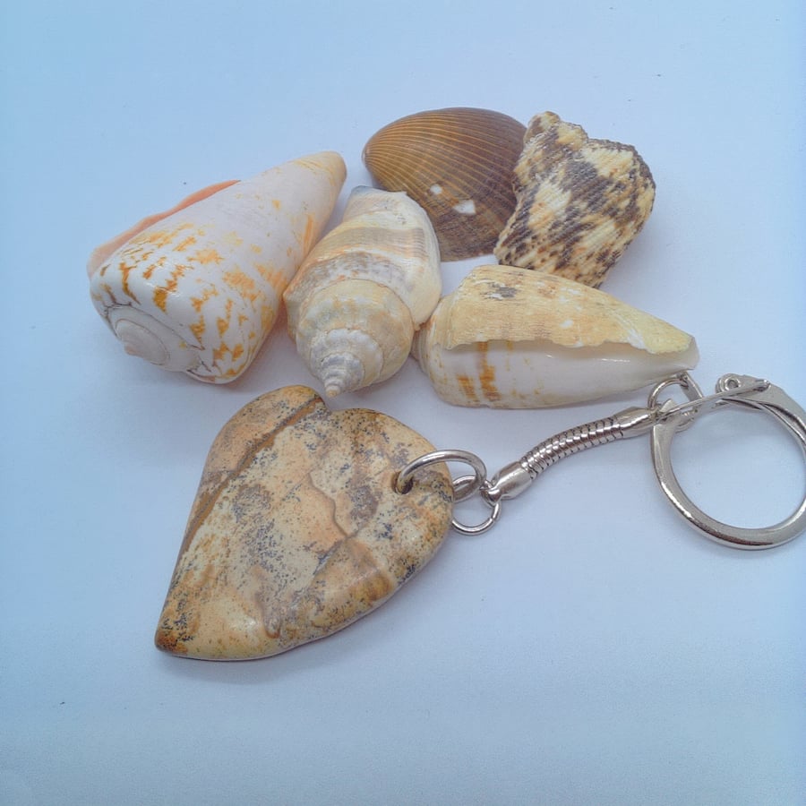 Caramel Coloured Jasper Heart Key Ring, End of Term Gift, Teacher Gift, Key Ring