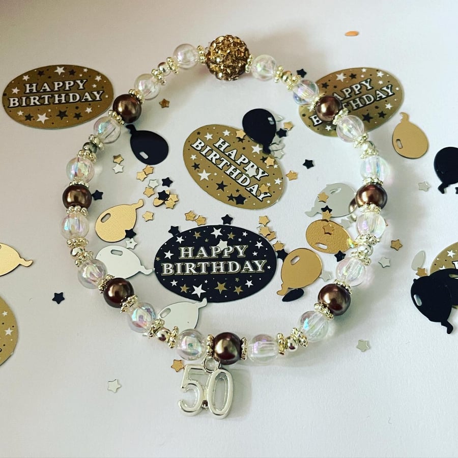 50th milestone bracelet bronze shamballa beaded ab crystal milestone birthday 