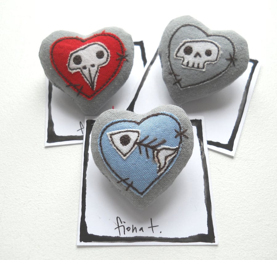 freehand embroidered skeleton heart textile brooch blue