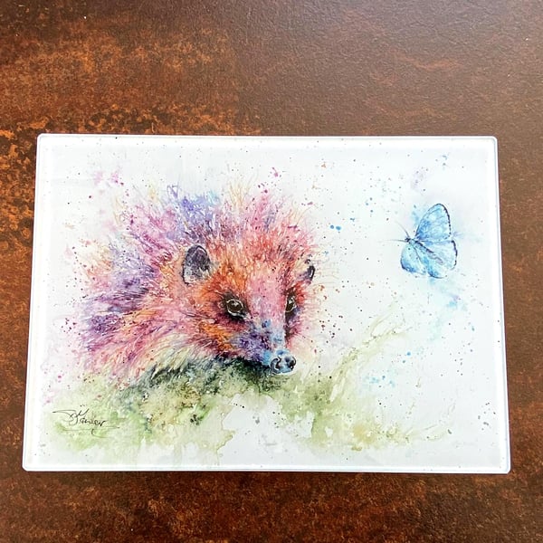 Hedgehog & Butterfly Glass Chopping Board, Kitchen Worktop Saver, Table Mat, Cut