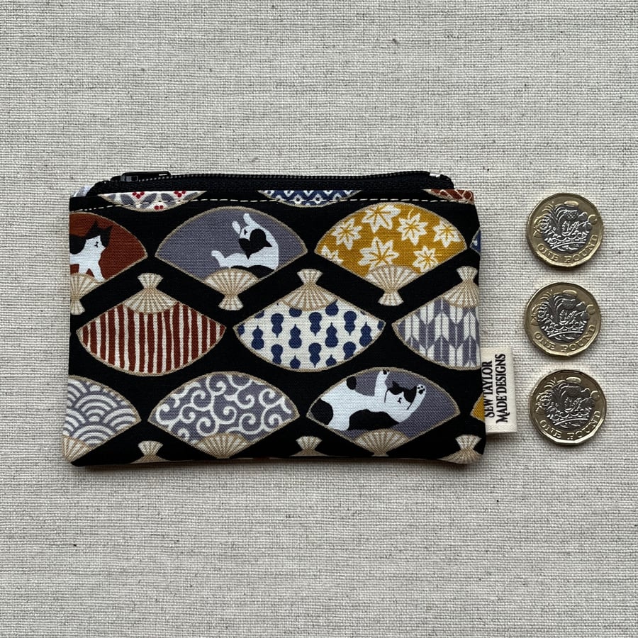 Coin Purse, Kids Purse, Zippered Pouch, Card Purse, Japanese Cats with Fans