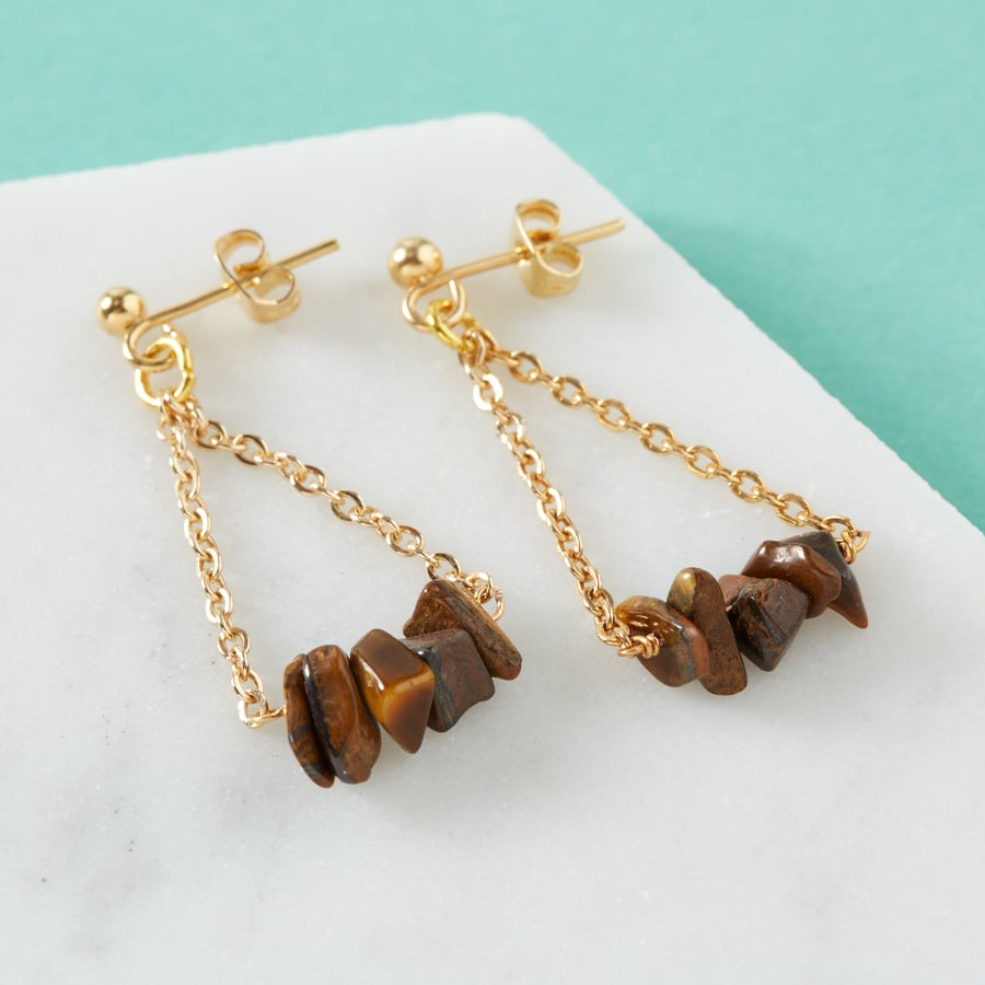 Gold dangle earrings with Tiger's Eye gemstones - Chandelier chain drop earrings