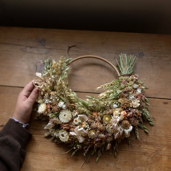 Handmade dried flower natural creamy blush rustic wreath