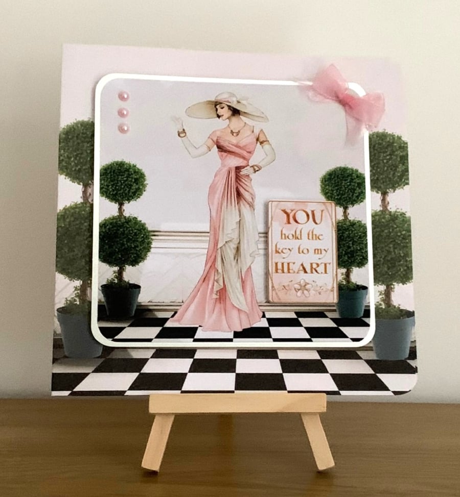Handmade Art Deco Lady in Pink Blank Greeting Card