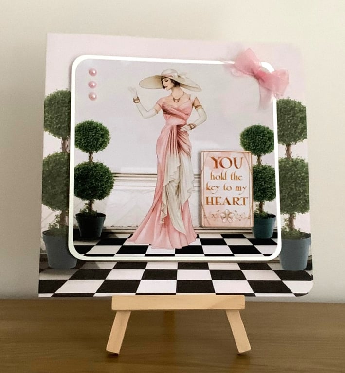 Handmade Art Deco Lady in Pink Blank Greeting Card