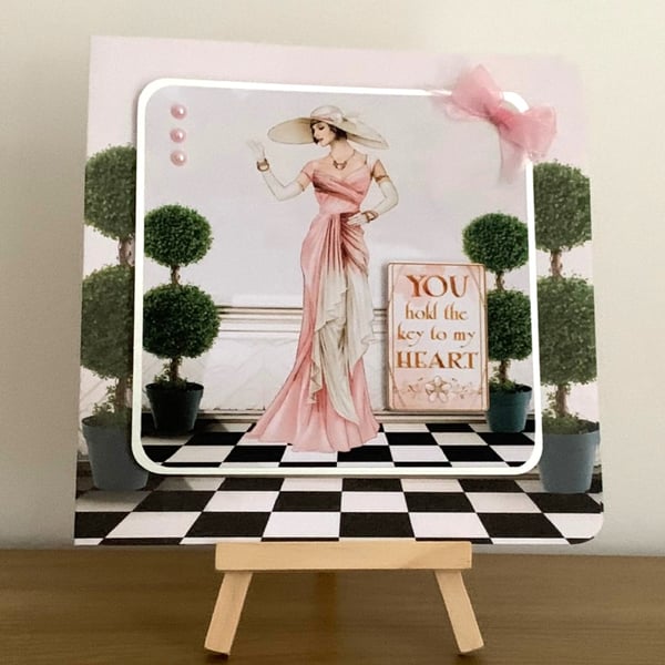 Handmade Art Deco Lady in Pink Blank Greeting Card