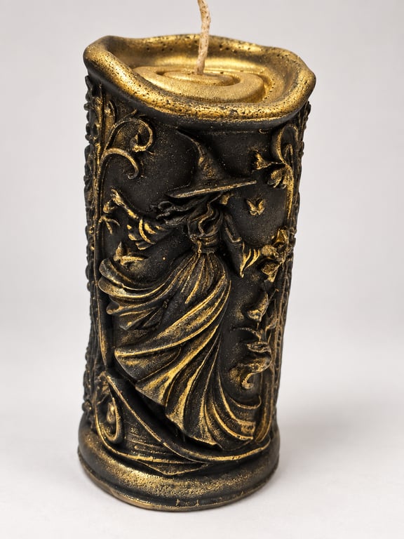 Black and Gold Witch Candle-Sculpted Gothic Halloween Decor