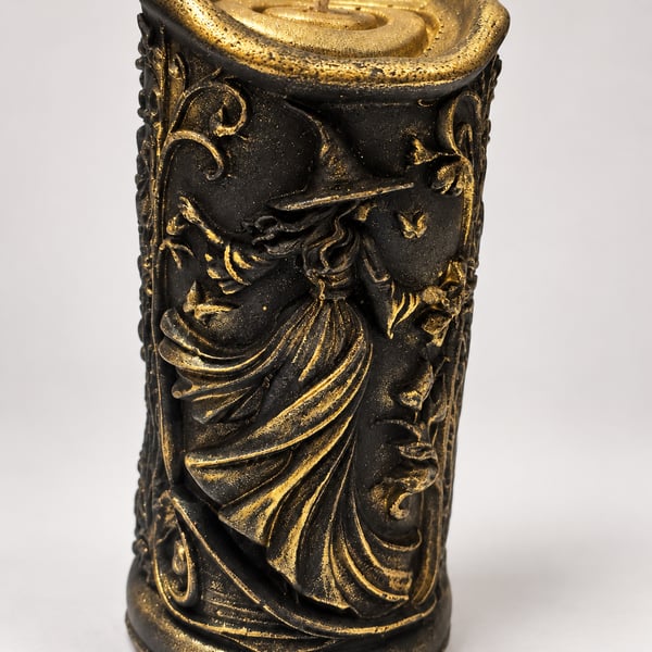 Black and Gold Witch Candle-Sculpted Gothic Halloween Decor