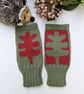 Knitted Autumn Leaf Fingerless Gloves, Olive Green & Rust Wrist Warmers - Image 4