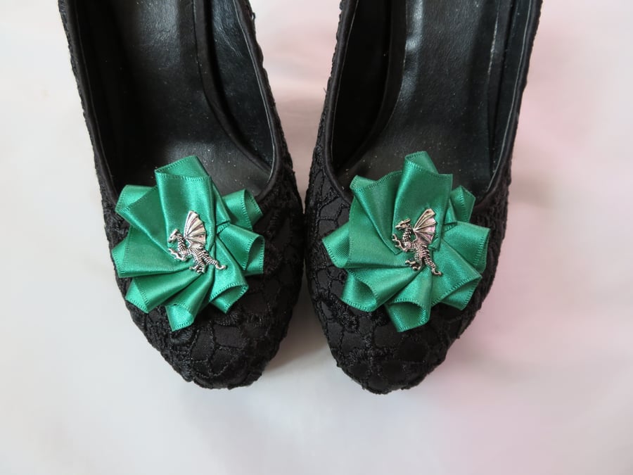 Emerald Green Fantasy Dragon Satin Ruffle Shoe Clips - Wedding Game of Thrones