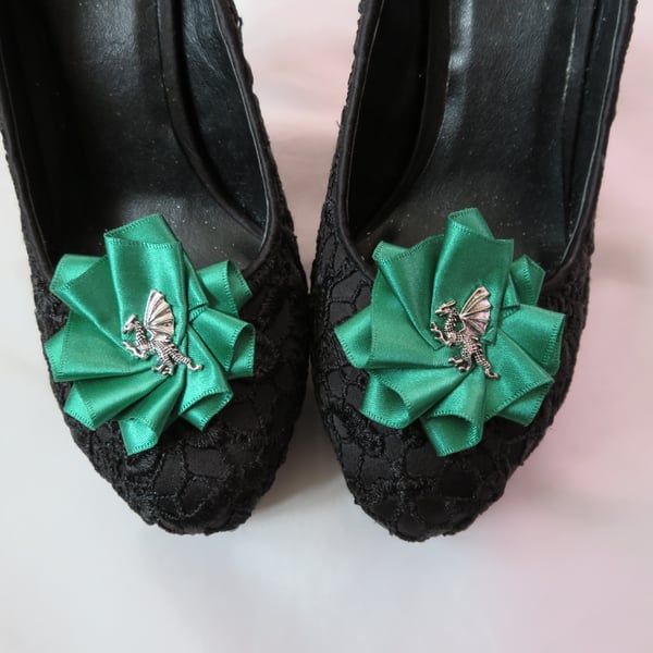 Emerald Green Fantasy Dragon Satin Ruffle Shoe Clips - Wedding Game of Thrones