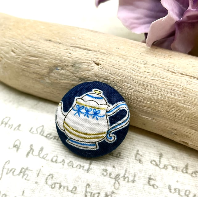 Blue bow teapot fabric button brooch vintage tea party gifts