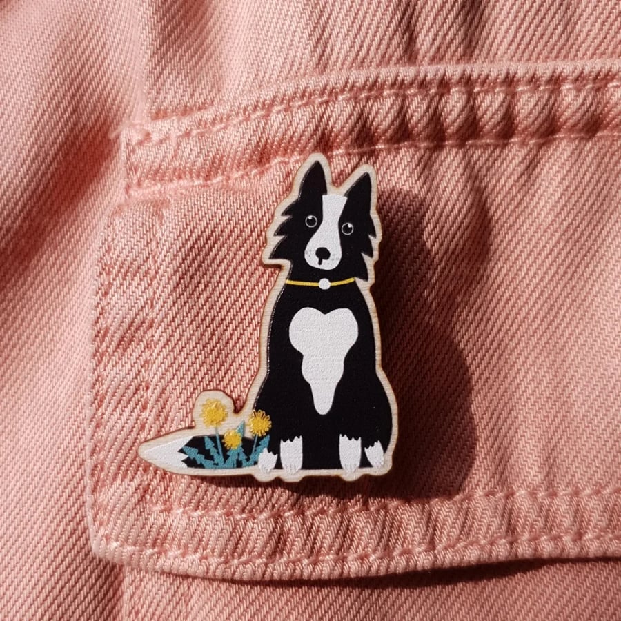 Large Collie Wooden Pin Brooch