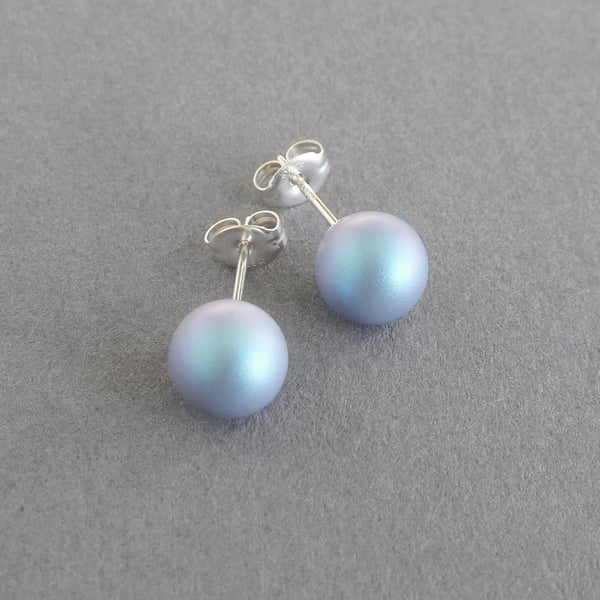 8mm Iridescent Light Blue Stud Earrings - Round Pale Blue Glass Pearl Studs