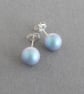 8mm Iridescent Light Blue Stud Earrings - Round Pale Blue Glass Pearl Studs - Image 1