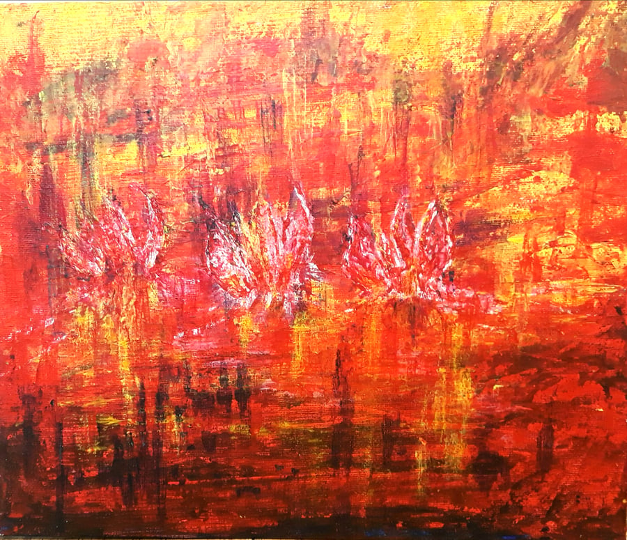 Abstract Painting, Colourful Acrylic on Canvas Board, Framed, Orange, Red