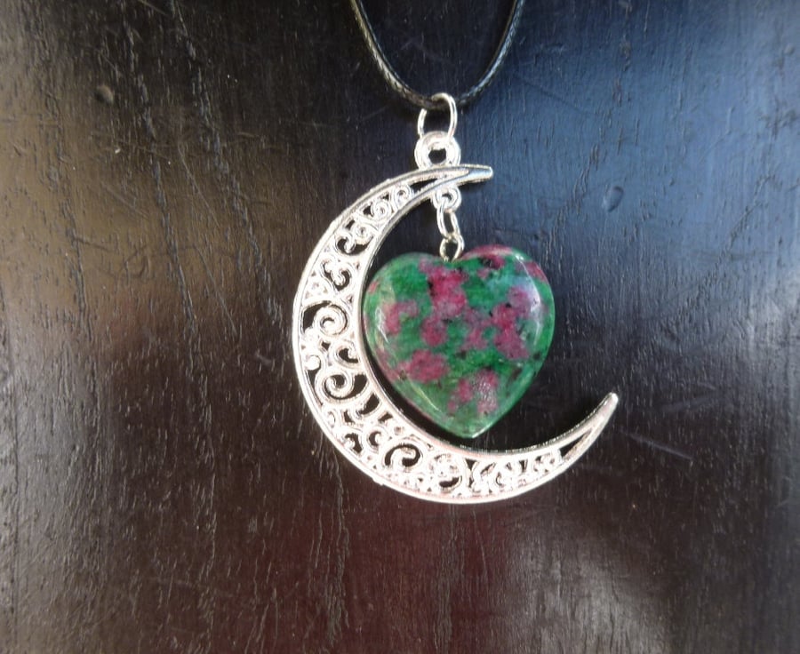 Ruby Zoisite Moon Pendant Necklace, Birthday Present, Pagan Wicca Theme