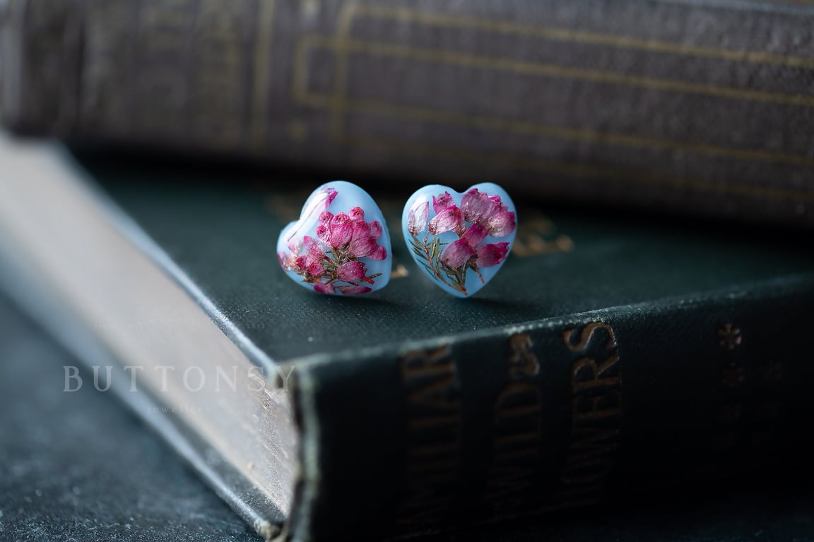 Real Flower Earrings Heather Baby Blue Botanical Jewellery Pressed Flowers Tiny 
