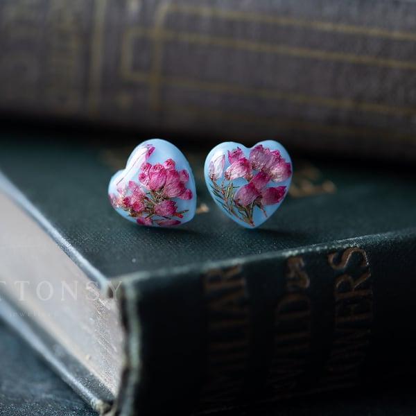 Real Flower Earrings Heather Baby Blue Botanical Jewellery Pressed Flowers Tiny 