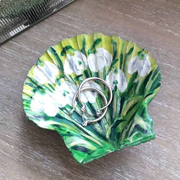 Snowdrops handpainted king scallop shell trinket dish
