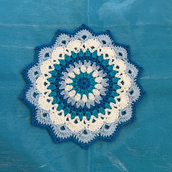 Blue and White Crocheted Mandala Doily Surface Protector