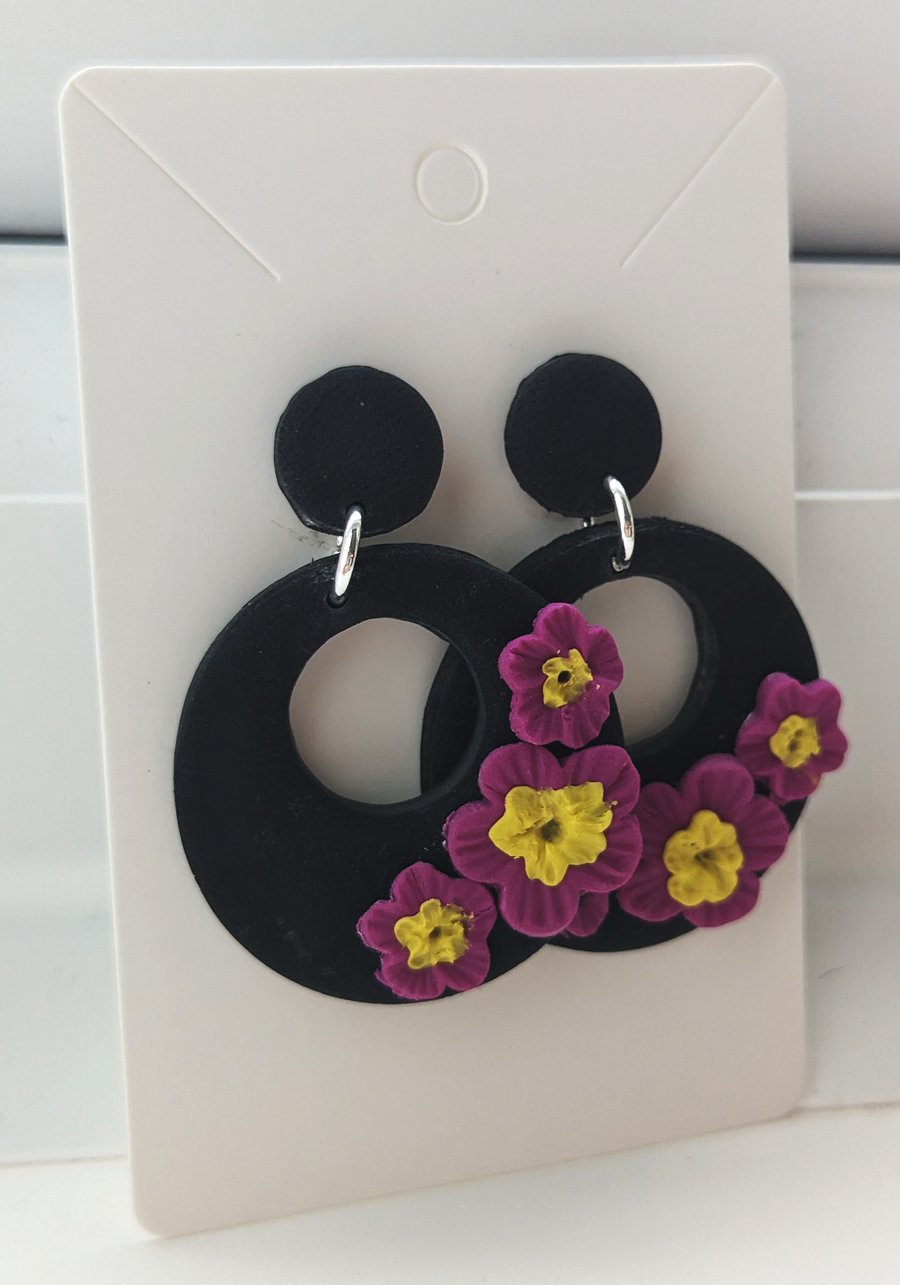 Black Earrings with Purple and Yellow Flowers