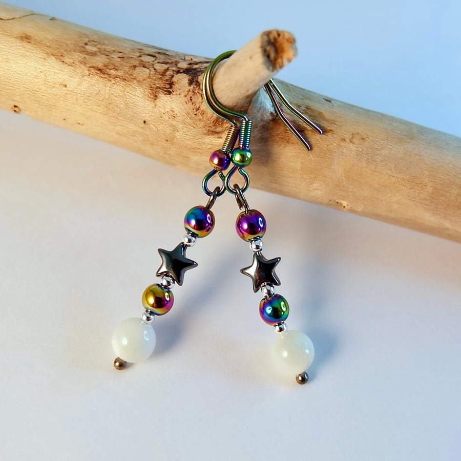 Hematite Star & Mother Of Pearl Earrings - Birthday, Anniversary, Gift For Her