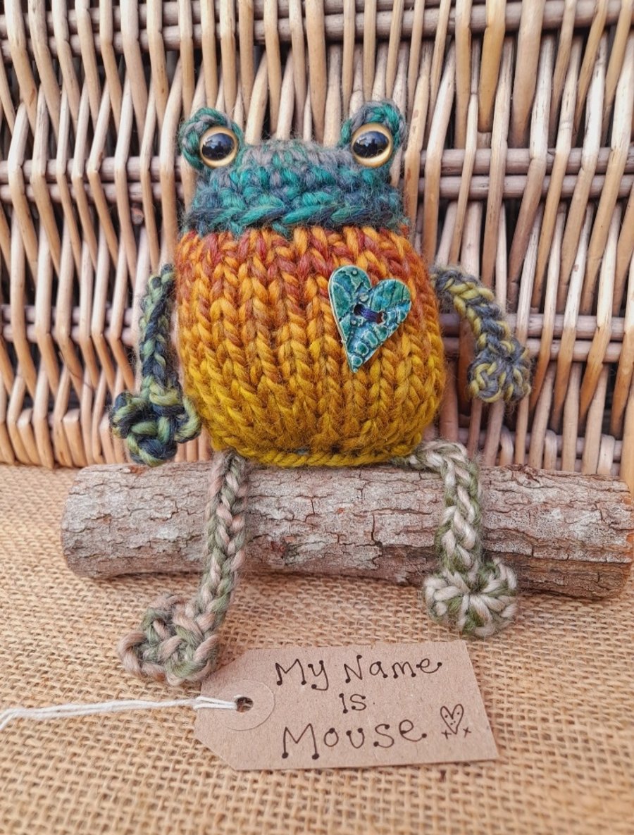 Handmade Knitted Frog named Mouse – One of a Kind Frog Ornament Whimsical Gift