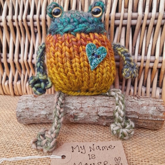 Handmade Knitted Frog named Mouse – One of a Kind Frog Ornament Whimsical Gift
