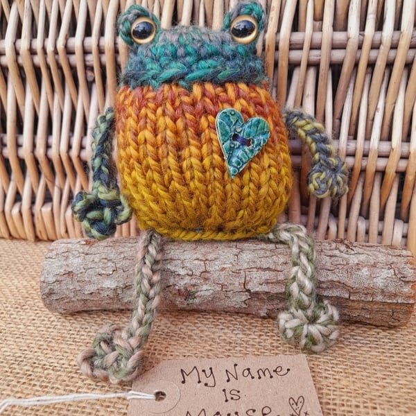 Handmade Knitted Frog named Mouse – One of a Kind Frog Ornament Whimsical Gift