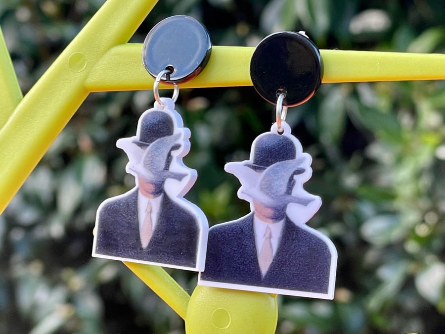 FINE ART EARRINGS Magritte son of man bowler hat flatback planar resin