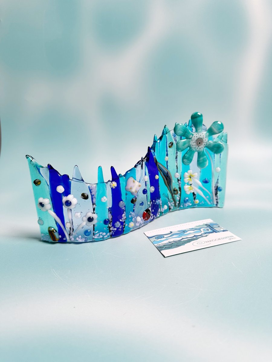 Fused Glass Wavy Floral Panel-Blues