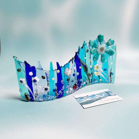 Fused Glass Wavy Floral Panel-Blues