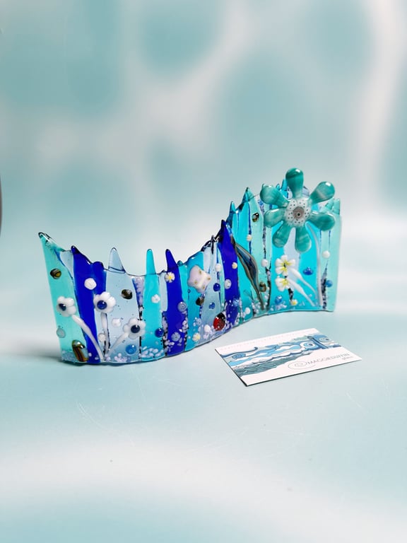 Fused Glass Wavy Floral Panel-Blues