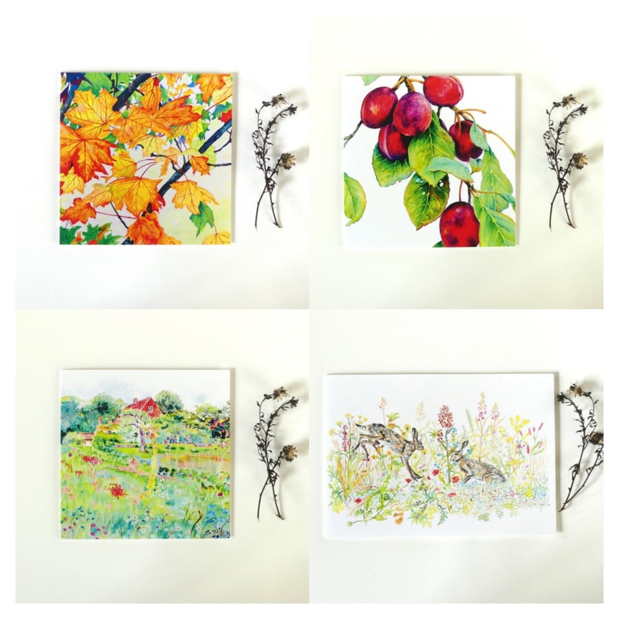 Set of Four Bright Blank Greeting Cards of Plums, Leaves, Hares and Country Home