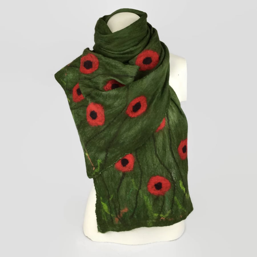 Long green poppy scarf, merino wool and silk, nuno felted